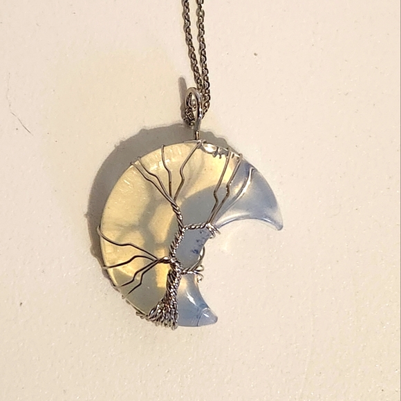 New Transparent Opal Moon Tree of Life Wire Wrap Necklace - Picture 5 of 6